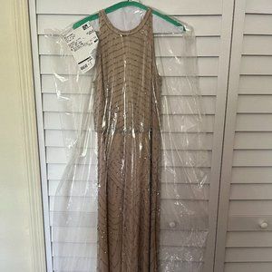 Adrianna Papell Art Deco Beaded Blouson Dress with Halter Neckline - Silver/Nude